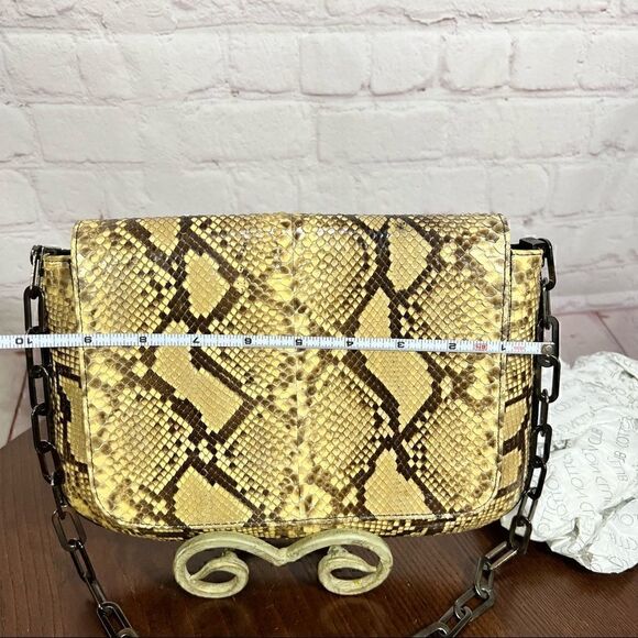 STUART WEITZMAN PYTHON SNAKESKIN & linen shoulder bag gunmetal chain strap - Picture 10 of 12